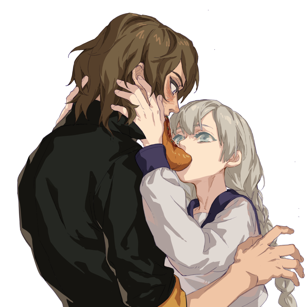 a digital art piece depicting a romantic scene between a male and a female anime character. the male character has brown hair, a black jacket, and he's leaning in to kiss the female character. the female character has white hair, a white dress, and she is wearing a purple scarf. she has an orange food item in her mouth, and she is leaning into the kiss. the background is a white space.