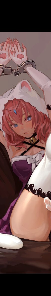 the image depicts an animestyle catgirl with pink hair and blue eyes wearing a maid outfit. her hands are in handcuffs and she is also wearing a collar with a bell. she has fair skin and some cleavage is visible. she is wearing a cat ear headband with pink cat ears.