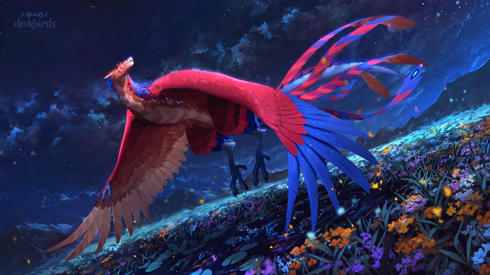 a large, brightly colored phoenix with red, blue, and orange feathers flies low over a field of vibrant flowers. the scene is set at night, with a starry sky and glowing moon illuminating the landscape. the mountains are visible in the background, adding to the magical atmosphere.