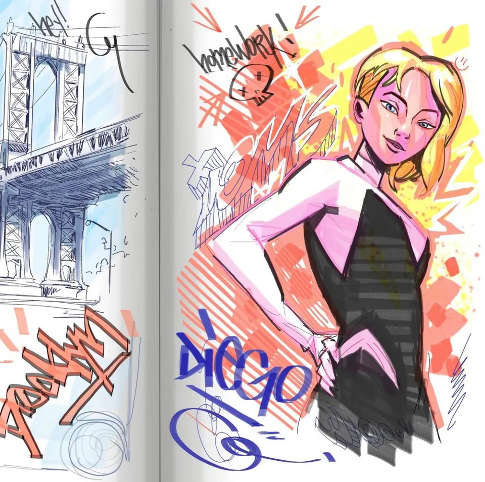 the image is a twopage spread of a sketchbook featuring a sketch of the brooklyn bridge on the left page and a colorful, stylized illustration of spidergwen on the right. the drawings are overlaid with graffitistyle lettering and symbols. the overall style is energetic and urban.