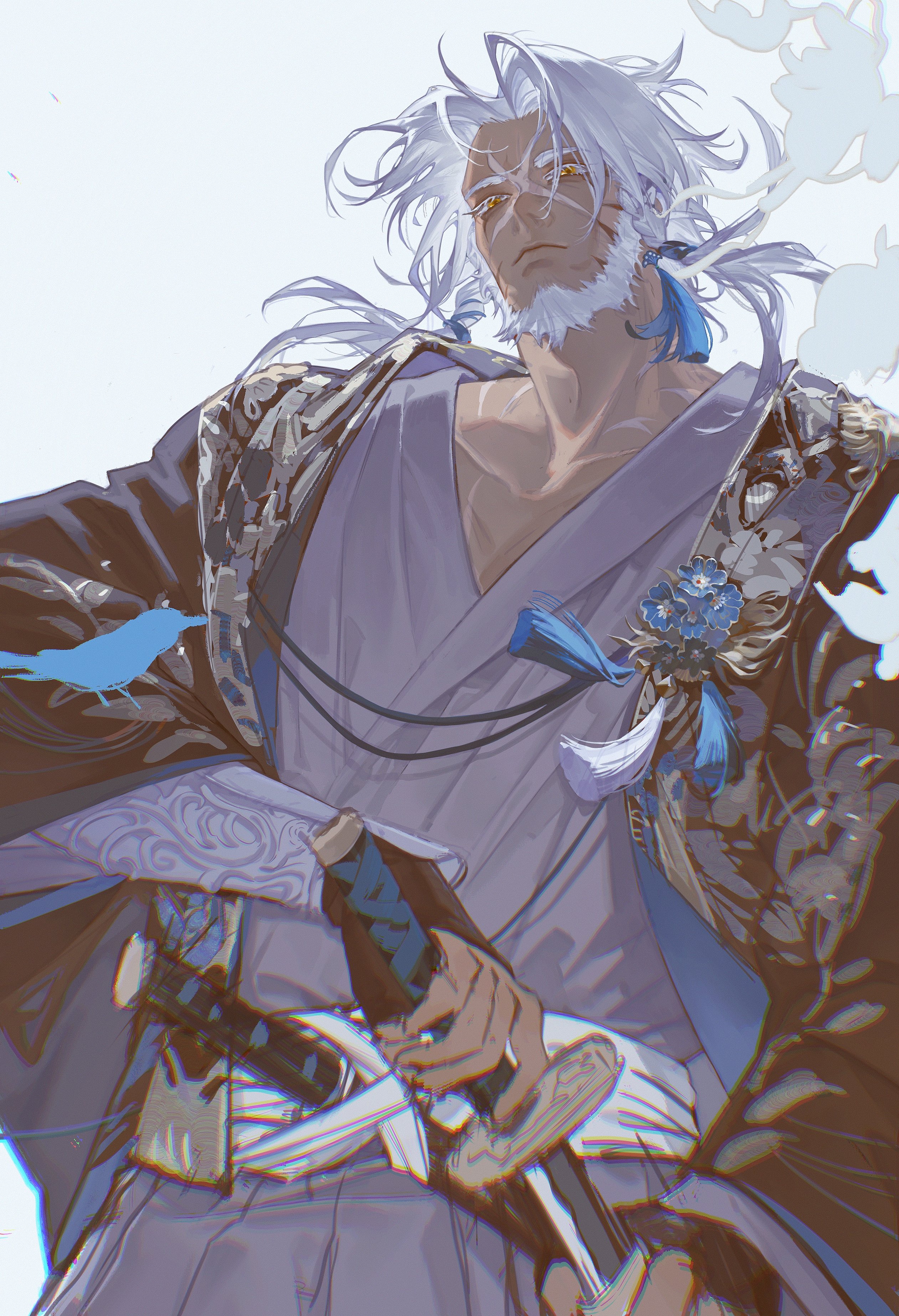 this is a digital illustration of an anime character. the character is a man with long, white hair and a beard. he is wearing a black kimono and a purple robe, and he has a sword at his side. the background is white with hints of blue and black. the character has a stoic expression on his face. the style of the illustration is detailed and realistic, creating a sense of depth and movement.  the illustration appears to be set in a fantasy world, perhaps based on a historical period or a specific culture.