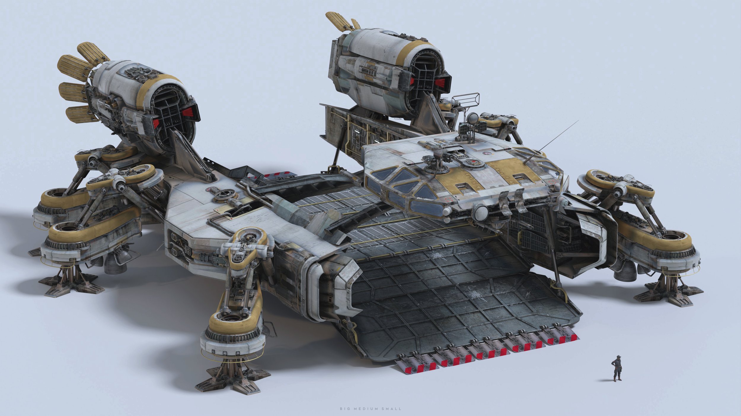 a detailed 3d rendering of a large, intricately designed spaceship.  the vessel appears to be a heavyduty cargo ship or transport, featuring multiple large engines, extensive landing gear, and a large, grated cargo bay. the color scheme is predominantly gray and white with yellow accents. the ship has a weathered, used look, suggesting it's been through significant use. a small figure stands in the foreground, giving a sense of scale to the immense size of the spaceship. the background is plain white, allowing the spaceship to be the focus of the image. the overall style is consistent with science fiction concept art or designs for a video game or movie. the image is clean, highresolution, and showcases excellent texturing and modeling.