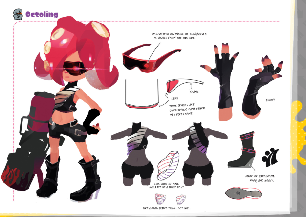 a digital illustration showcasing the design of an octoling character, possibly from the splatoon video game series. the character, clad in edgy attire with a dominant red and black color scheme, is positioned slightly angled towards the viewer. the image features detailed annotations and callouts highlighting specific design elements like the sunglasses, gloves, boots, and a unique ring. the character's weapon, resembling a modified paint gun, is also prominently displayed.