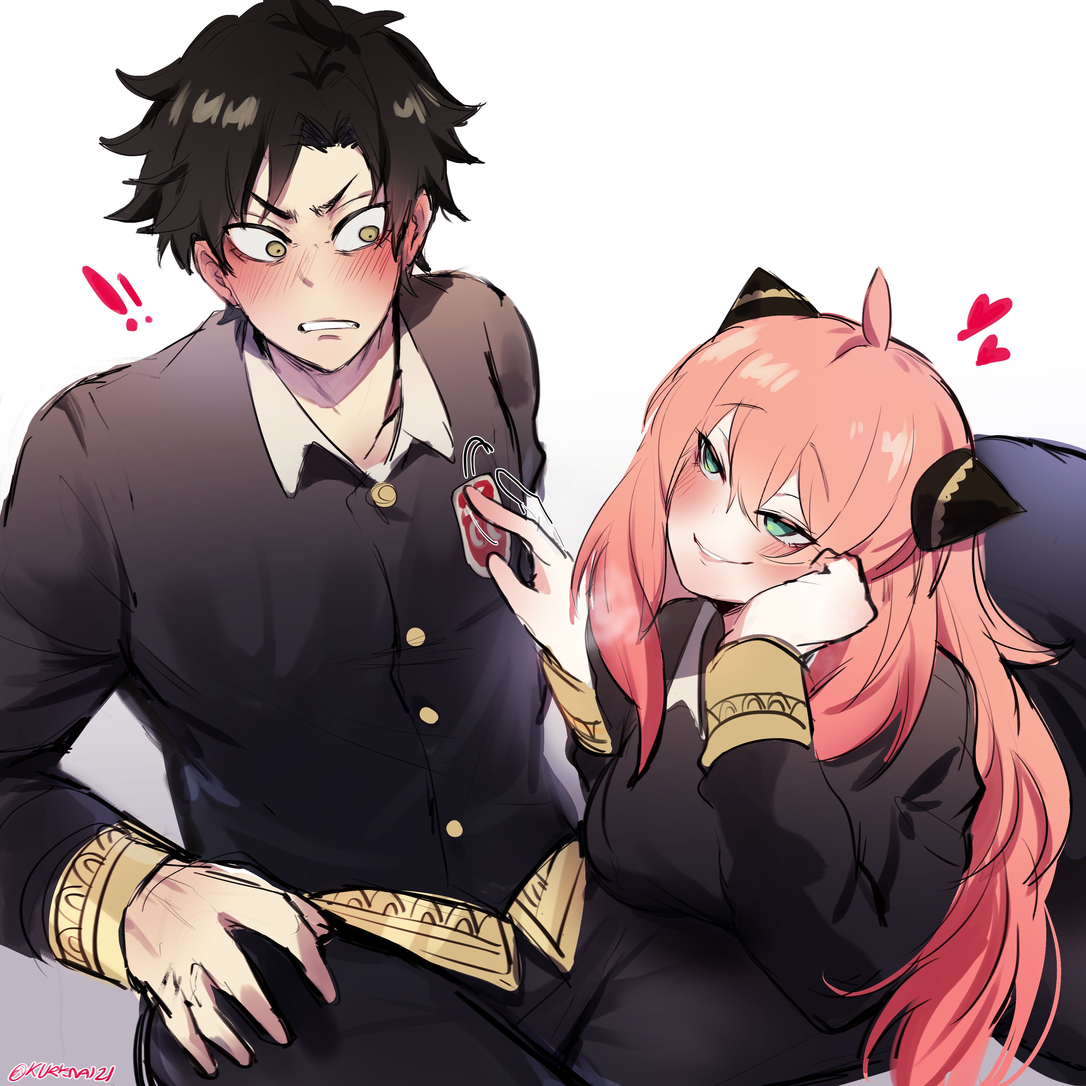 the image shows a couple of anime characters. the girl has long pink hair with black cat ears and is wearing a black formal dress with gold accents. she is smiling and looking at the boy. the boy has black hair and is wearing a black suit with gold accents. he is blushing and looking away from the girl. the girl is holding a red heart in her hand. the background is white with a few pink hearts.