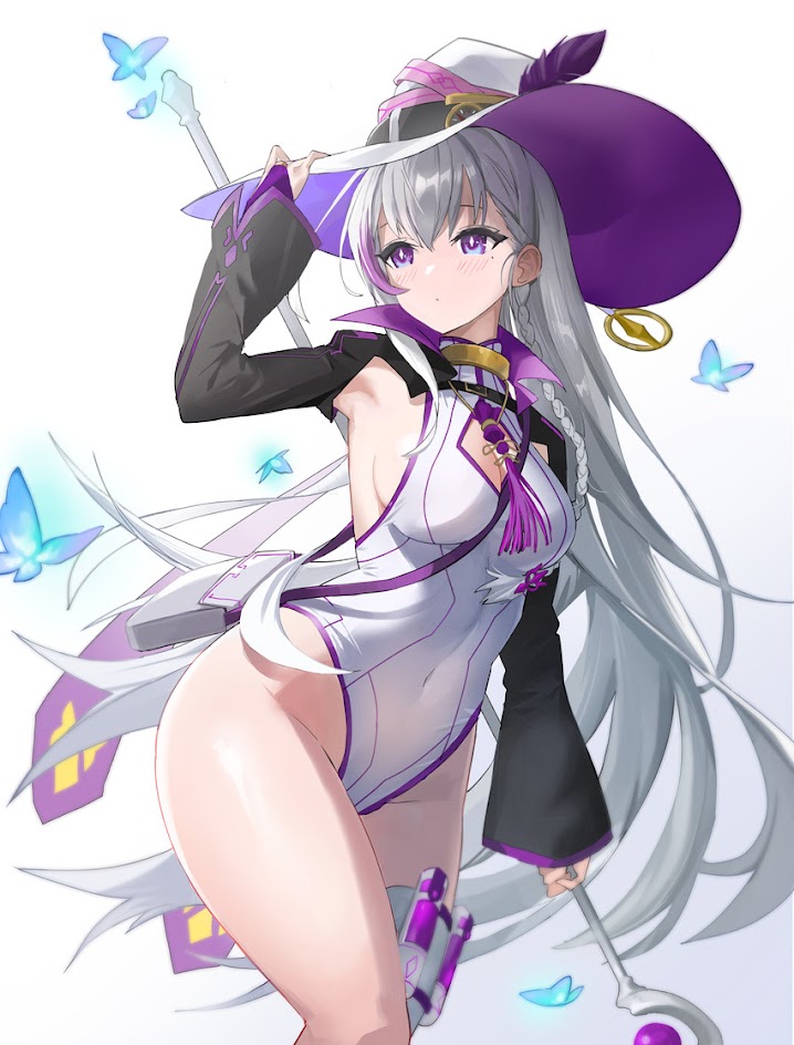 the image is a digital illustration of an anime girl with white hair and purple eyes. she is dressed in a white and purple bodysuit and a witch hat with a feather and purple trim. she