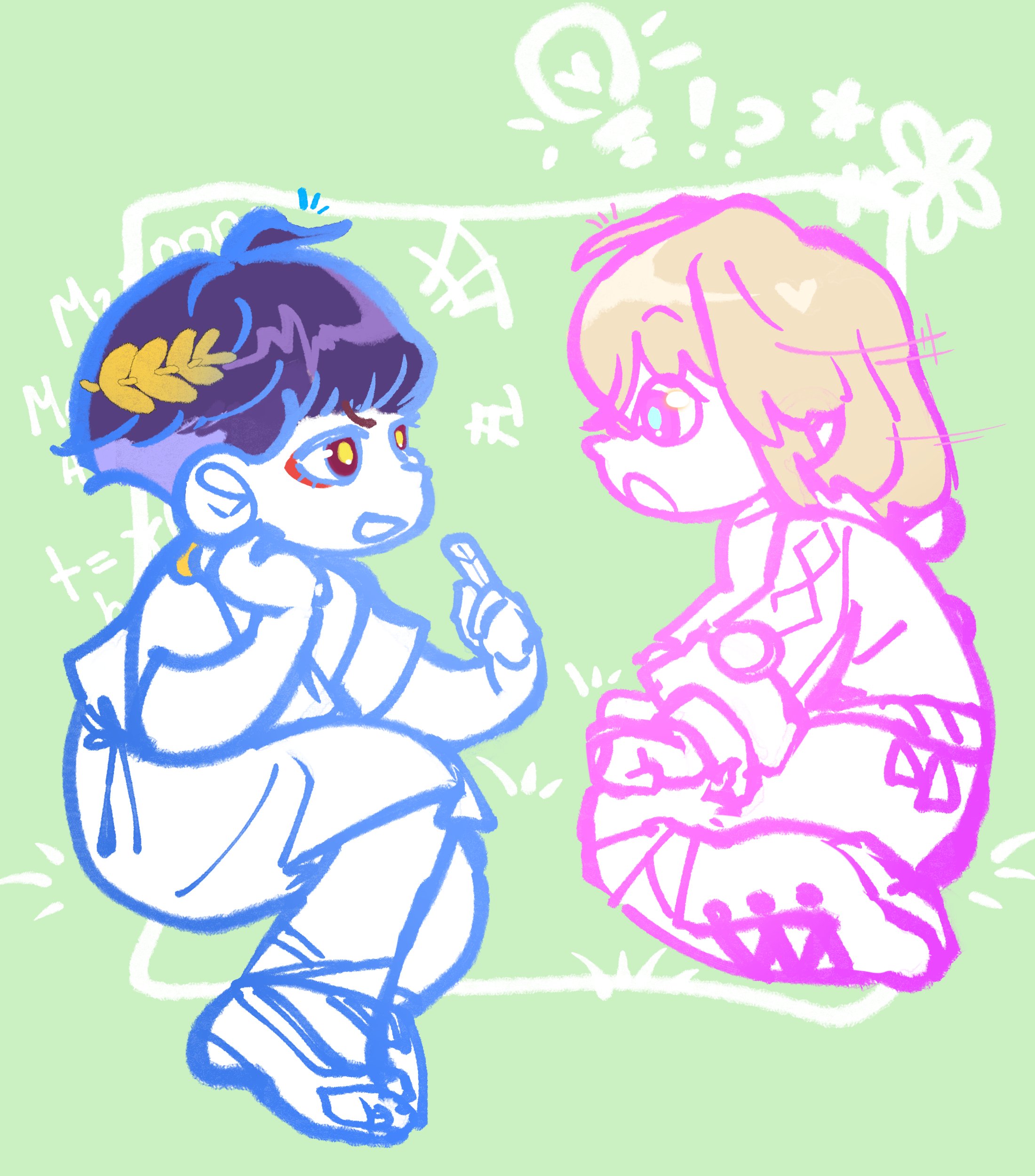 the image is a cartoon drawing of two friends, a boy and a girl, talking to each other. the boy is wearing a blue and white outfit with a leaf on his head and the girl is wearing a pink and white outfit with a white bow in her hair. they are both sitting in a white box with green lines and a white border. they are both smiling and seem to be enjoying each other's company. the drawing is very colorful and has a cute and playful style.