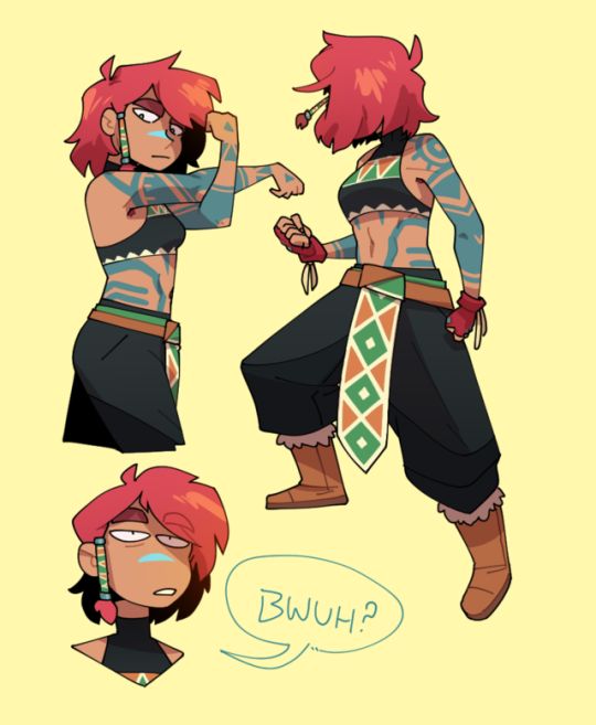 this image contains a cartoon drawing of a female anime warrior character. the character is shown in three different poses, one with arms raised in a fighting stance, one with a more relaxed pose, and one with a facial expression of surprise and disbelief. she has red hair, blue eyes, tattoos, and is dressed in a tribal outfit. the image is drawn in a colorful and dynamic style.