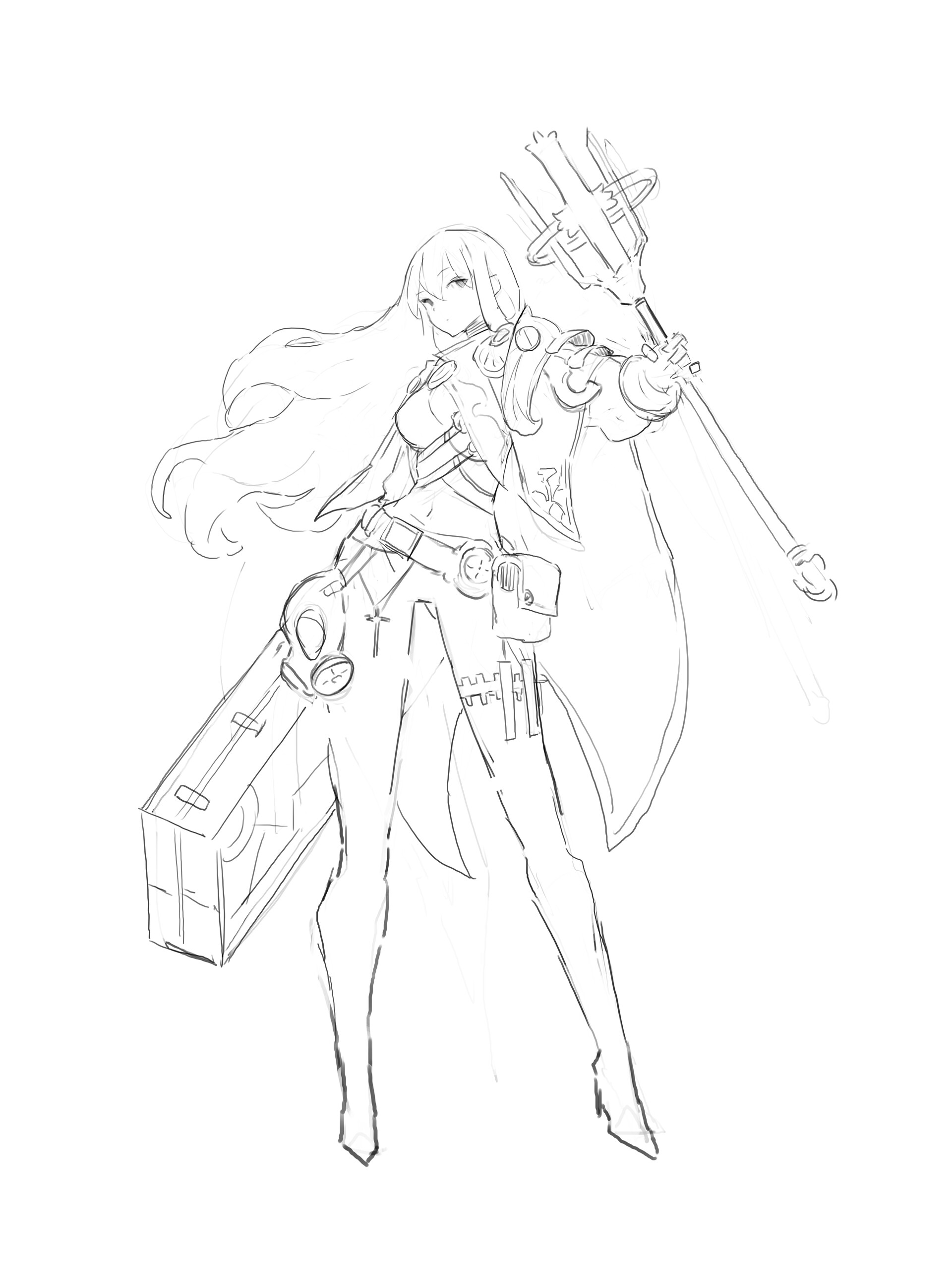 a line drawing of a woman standing, holding a staff with a box hanging off the front of her hip. she has long hair and a cape.