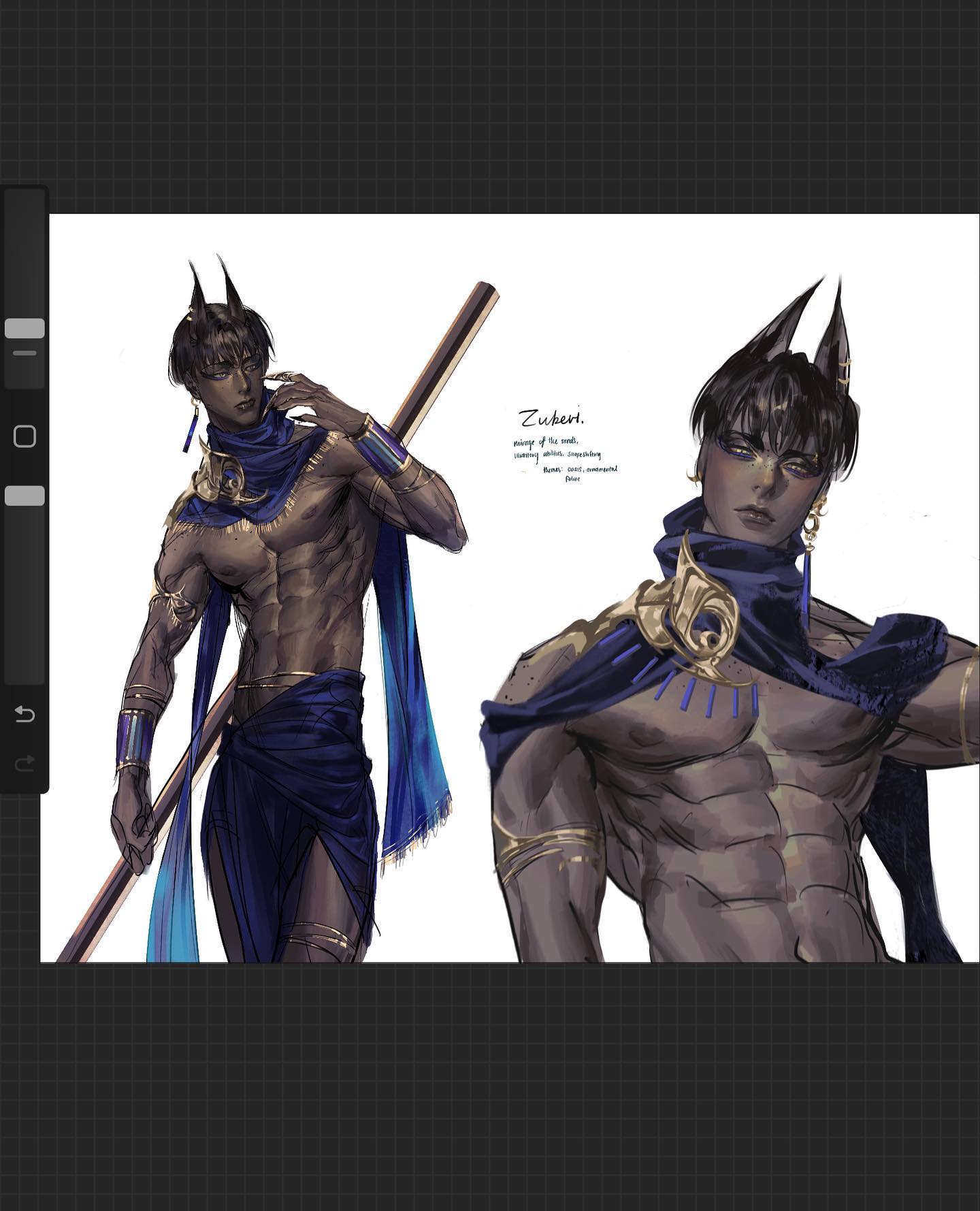 a digital illustration of a buff anthro male wearing a loincloth and armor. he has cat ears, dark skin, and is wielding a staff. the image is dark, dramatic and gives off an air of power and strength.