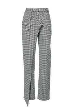 a pair of women's checkered pants in black and white. the pants are high waisted, long, and have a wrap design. they are a casual, trendy style perfect for modern, high fashion looks.