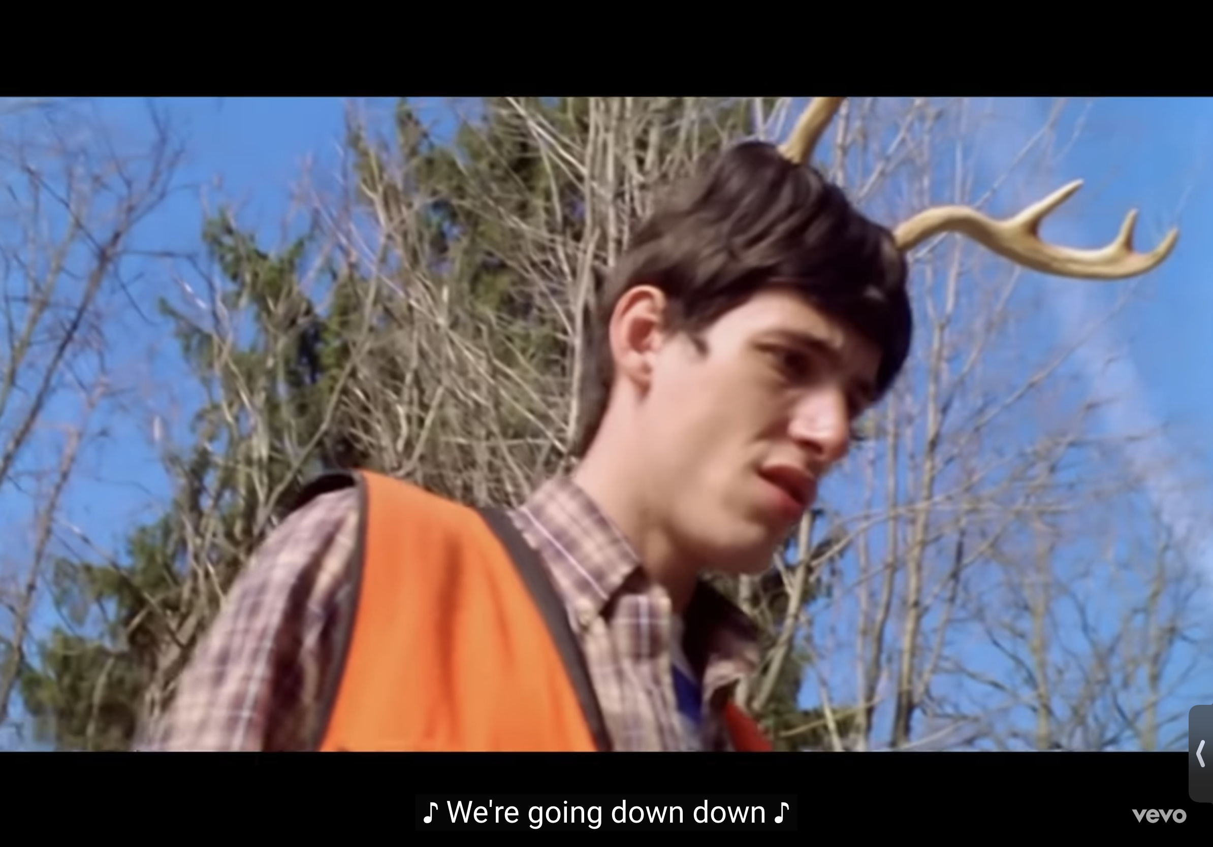 a man with deer antlers on his head is wearing a hunting vest and plaid shirt and looking straight ahead with a serious expression while singing outdoors in a forest.