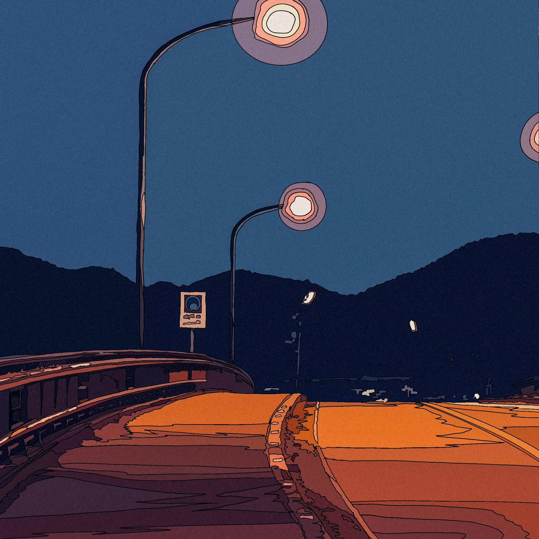 the image is a digital illustration depicting a nighttime scene on a curved road leading over a bridge.  the road is illuminated by several streetlights with distinctive circular glows. the background features dark hills or mountains under a deep blue sky.  the style is stylized, with a blend of cartoonish and painterly elements, using a limited palette of oranges, browns, purples and dark blues to create a moody, tranquil atmosphere.  the overall impression is one of quiet solitude and peaceful darkness.