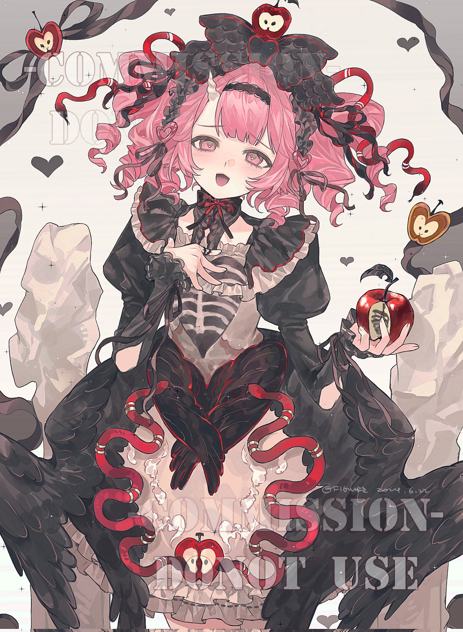 the image is an illustration of an anime girl with pink curly hair, dressed in a gothic lolita style with a black and red dress. she has pale skin and a sweet smile. the dress features a skeleton design on the chest and a large heartshaped design on the lower part, adorned with snakes. black wings are present on either side of the girl. she is holding a red apple in one hand. apples with ribbons and hearts are scattered around her. the words "commission  do not use" are written across the bottom of the image.