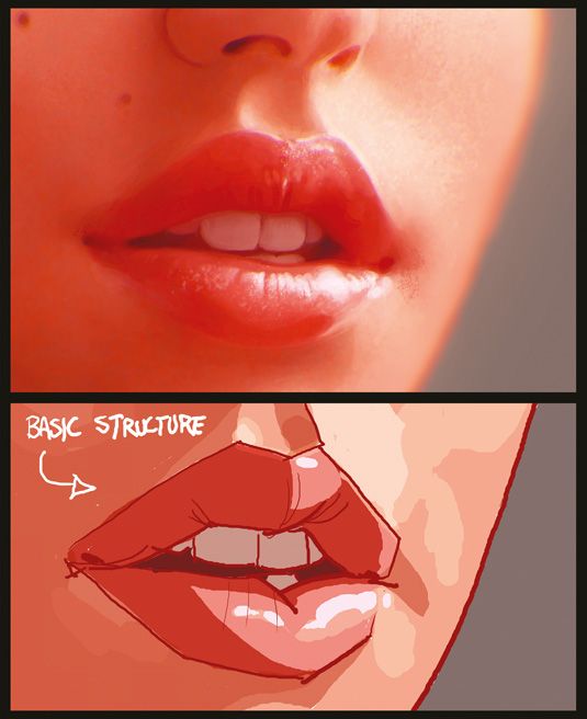 the image is a twopart illustration focusing on the lips of a woman. the top part showcases a realistic digital painting of slightly parted lips, emphasizing texture and light play. the bottom part provides a stylized, graphic interpretation of the same lips, highlighting the basic structure and form with bold lines and simplified shading. this comparison serves as a tutorial element, demonstrating how to break down a complex subject into manageable shapes for artists.