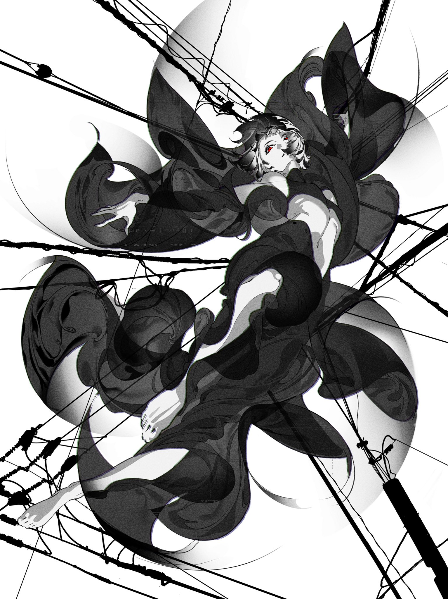 a black and white illustration of a woman with long hair wearing a dress. she is posed in a dramatic fashion, with her body contorted and her hair flowing around her. the background is filled with electric wires and poles, giving the image an urban feel. the silhouette of the woman is clear against the white background, but the details of her face and dress are obscured by the dark lines and shapes. the image is full of abstract and intricate lines and shapes, creating a sense of mystery and intrigue.