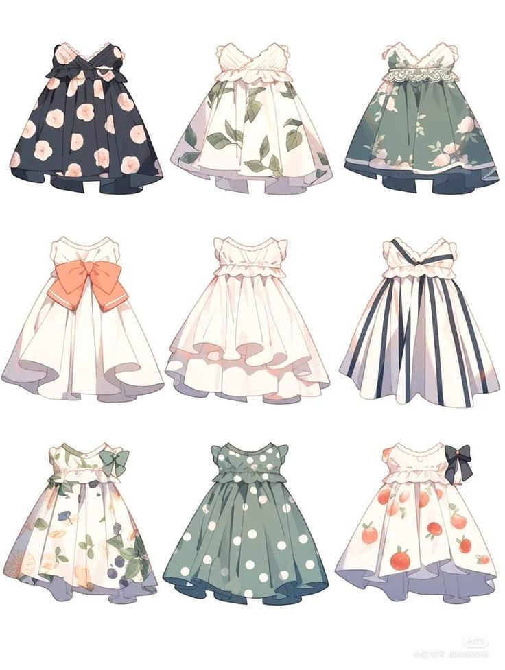 the image showcases nine diverse designs of cute dresses. each design presents a unique style and pattern, offering a delightful array of options for a girly and charming aesthetic.