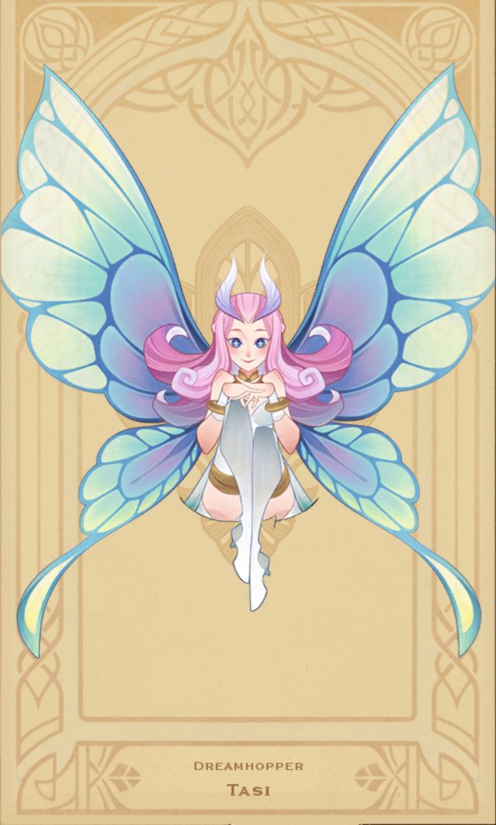 a pasteltoned illustration of a fairylike character with large, iridescent butterfly wings. the character has pink hair, small horns, and wears a white, flowing outfit. she holds her hands delicately in front of her chest and gazes directly at the viewer. the background is a cream color with an ornate, symmetrical frame in a darker hue. the overall style is whimsical and magical.