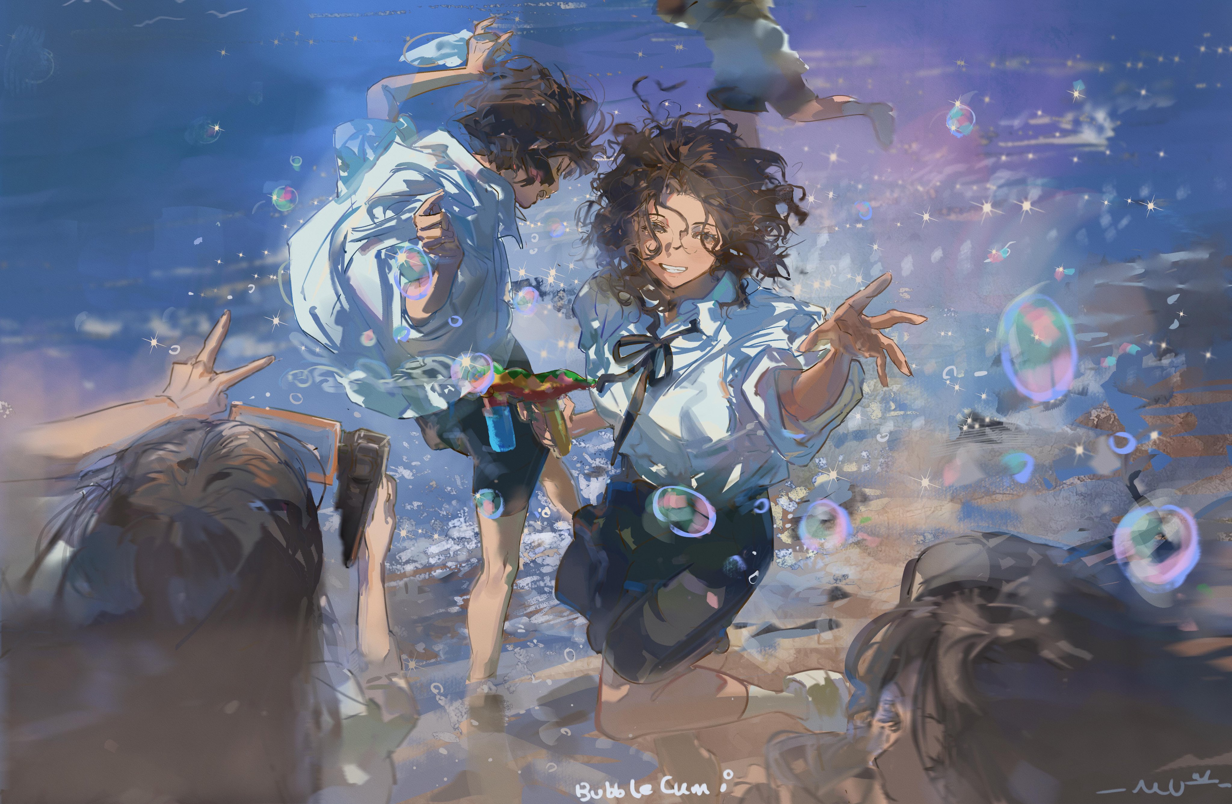 a group of friends, depicted in an anime style, are joyously playing on the beach.  two girls in white shirts and dark skirts are the focus, one jumping and blowing bubbles while the other reaches out with a bright smile. the setting sun casts a warm, soft light over the scene, highlighting the sparkling bubbles and the crashing waves. the overall atmosphere is one of carefree happiness and youthful energy.