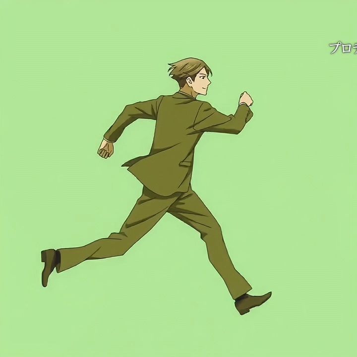 an anime man in a green suit is running to the right side of the image. the background is solid green. he is running with his arms extended at his sides. he is wearing a tie and his hair is brown. he is looking ahead.