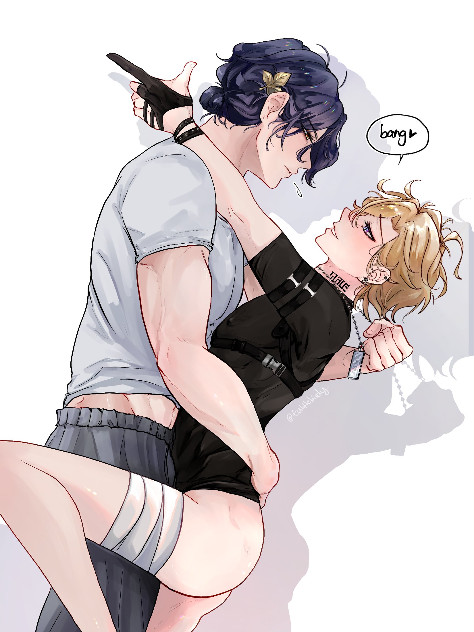 he image is a digital drawing of two animestyle boys in a romantic embrace. one, with dark hair, is muscular and wearing a gray shirt and pants; the other, with blond hair, is slender and wearing black clothing. the blondhaired boy is wrapped around the other, and their bodies are close together, suggesting intimacy. the style is reminiscent of manga or webtoons, featuring expressive eyes and soft lines.  the background is simple and light, focusing attention on the characters. a speech bubble with the word "bang" suggests a playful or energetic interaction. the overall mood is romantic and passionate.