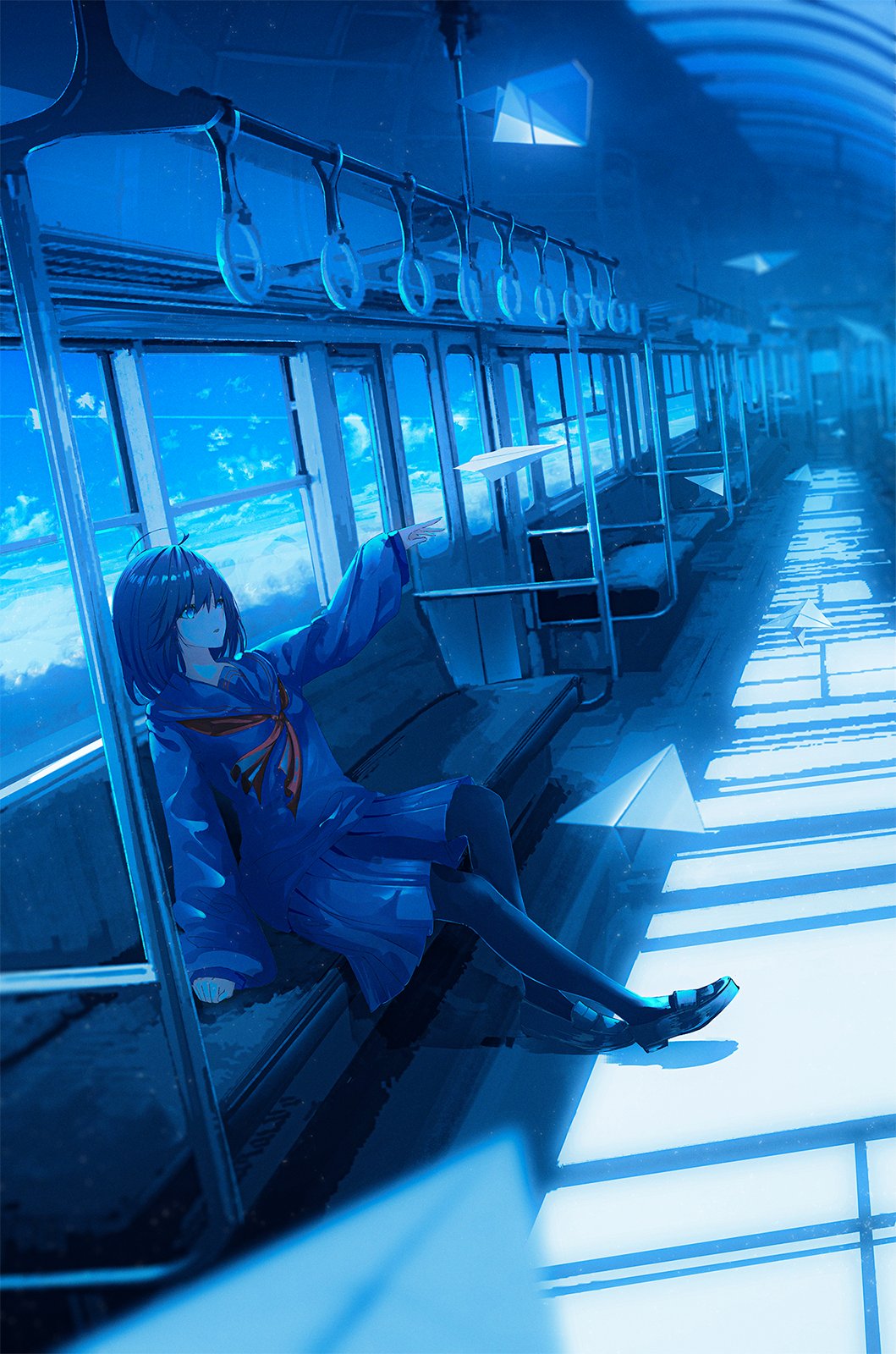 the image is a digital illustration featuring an animestyle girl with long dark hair sitting on a seat in a train car. the train appears to be floating above a landscape of fluffy white clouds under a bright blue sky.  she's wearing a dark blue school uniform.  the overall color scheme is a monochromatic blue.  paper airplanes are floating near her and inside the train car, adding to the surreal and dreamy quality of the scene. the girl has a peaceful, contemplative expression as she looks out the train's window. the style is evocative of anime and digital painting techniques, emphasizing light and atmosphere.