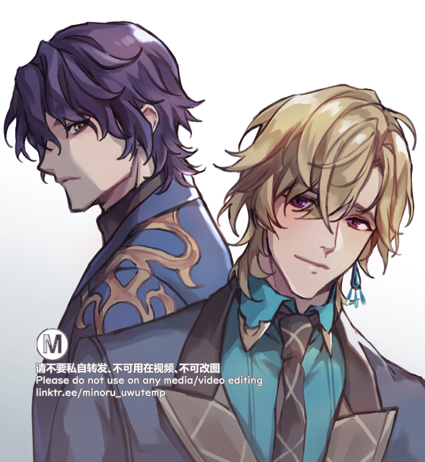 this is a digital illustration featuring two anime men. the one on the left has short purple hair and blue eyes, he is wearing a blue jacket with gold accents. he has a serious expression. the man on the right has blonde hair and blue eyes, he is wearing a suit with a blue shirt, a black tie and a blue earring. he is smiling. the background is white.