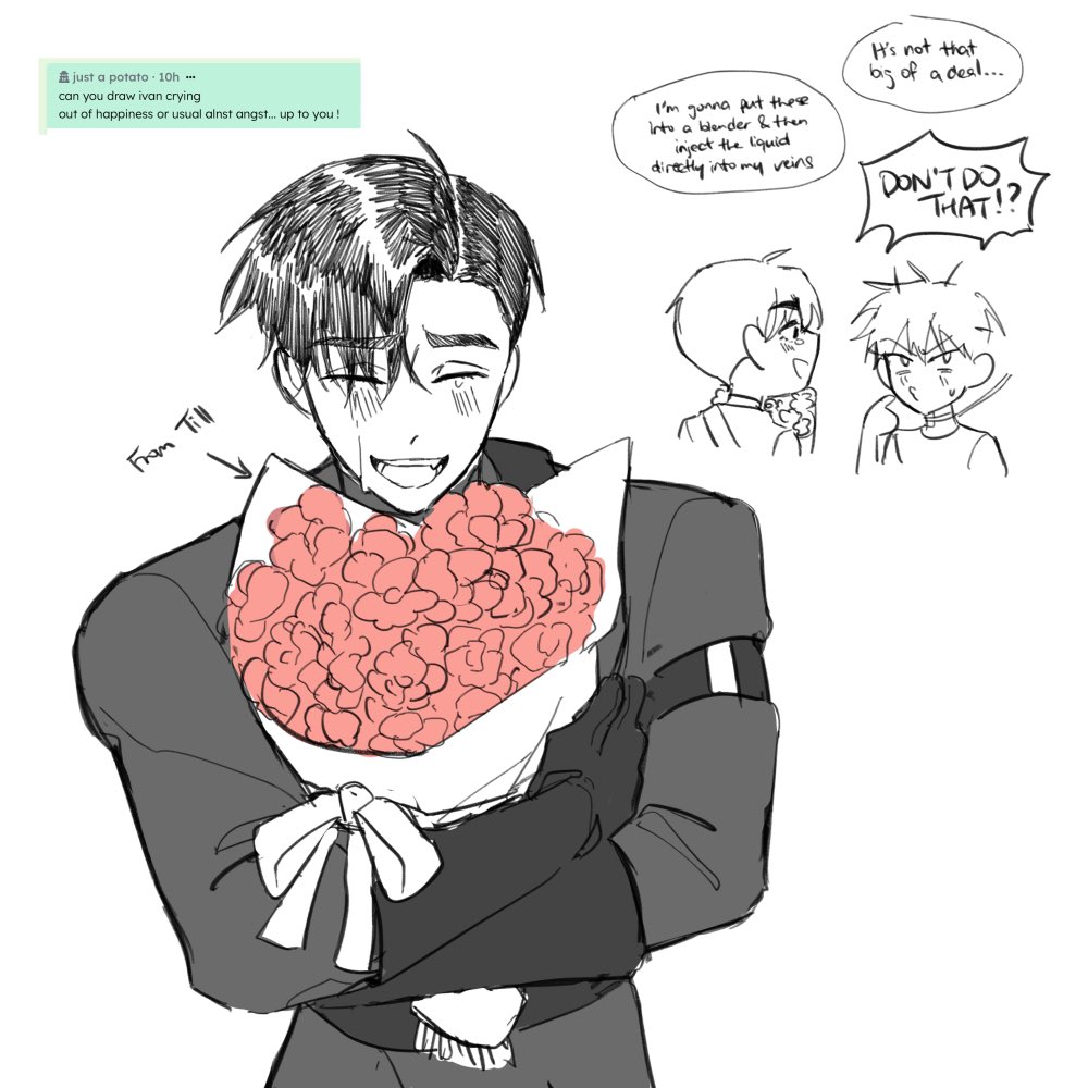 this animestyle drawing features three male characters. the main character, a young man with black hair and wearing a dark suit, holds a large bouquet of pink flowers and appears to be crying. the flowers are labelled "from till." he is clearly happy and touched by the gift, perhaps feeling a surge of emotion as he receives it. this is underscored by his tears and the slight blush on his face. the scene is full of vibrant colors and detailed features, capturing the emotion of the moment. the speech bubbles add to the narrative, with one character suggesting a dramatic way to deal with the situation and another reminding them that it's not a big deal. the drawing is full of life and energy, leaving the viewer curious about the relationship between the characters.