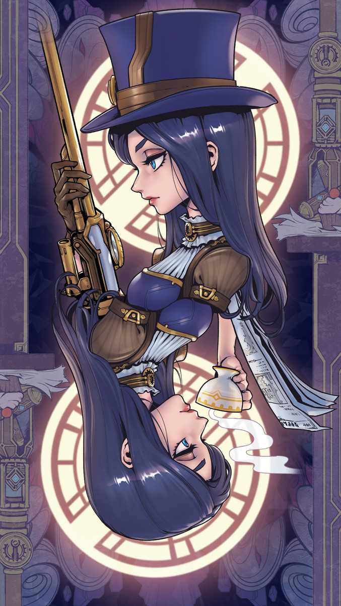 this is an anime illustration of a young woman in a steampunk outfit holding a gun with a clock attached to it. the woman is wearing a blue top hat, a blue and white blouse, and brown and gold armor. she has long blue hair and is wearing goggles. she is holding a teacup in one hand and the gun in the other. she is in a room with a clock face behind her. the room is decorated with ornate details, and there are other clocks in the background.