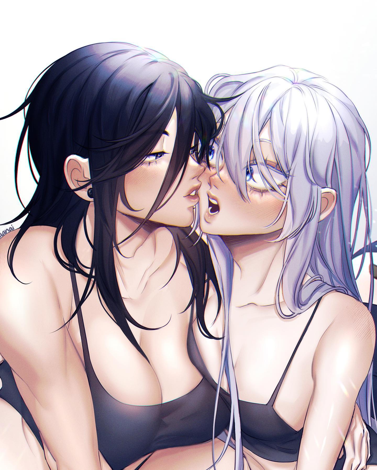 the image is a digital artwork depicting two animestyle girls intimately close, on the verge of a kiss.  the girl on the left has long black hair and the girl on the right has long white or light gray hair. both wear bras. the artist uses soft lighting and a sensual style to emphasize the romantic intimacy between the characters. the detail in the hair and skin is notable, and the overall style leans towards a softer, more romantic expression of intimacy.