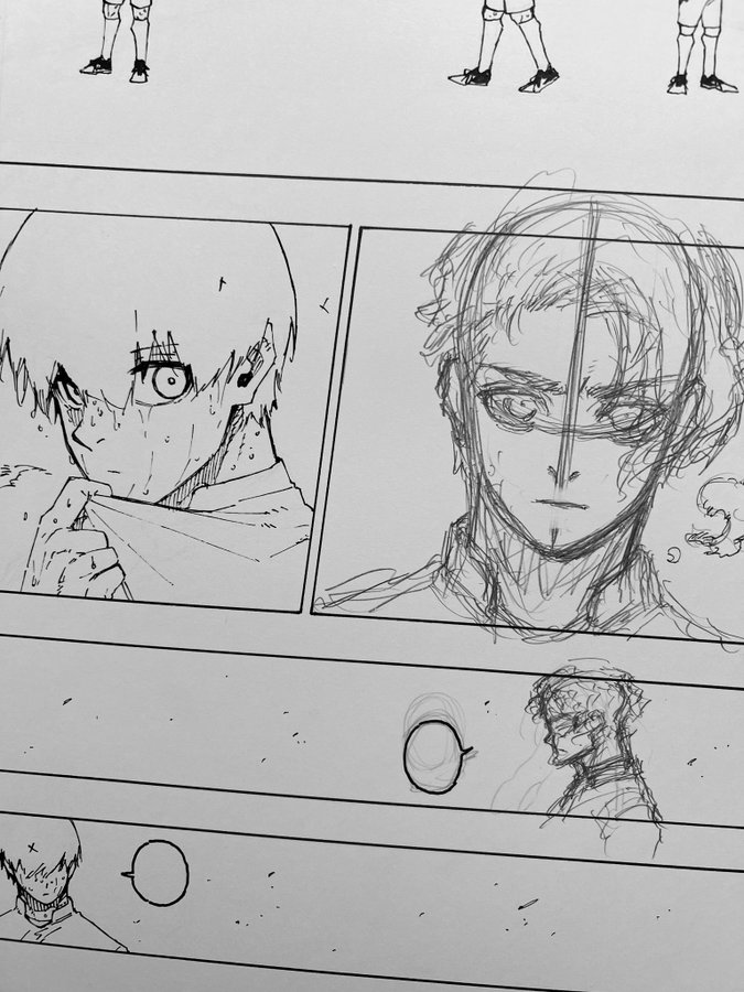 he image shows a closeup of a manga artist's sketchbook. several panels of a manga are visible, showing various stages of character development and sketching.  the style is rough and dynamic, with visible ink strokes and pencil markings.  there are multiple character sketches, including closeups of faces and full body poses. some panels are fully rendered, while others are still in the initial sketching phase. the overall impression is one of the creative process in action.
