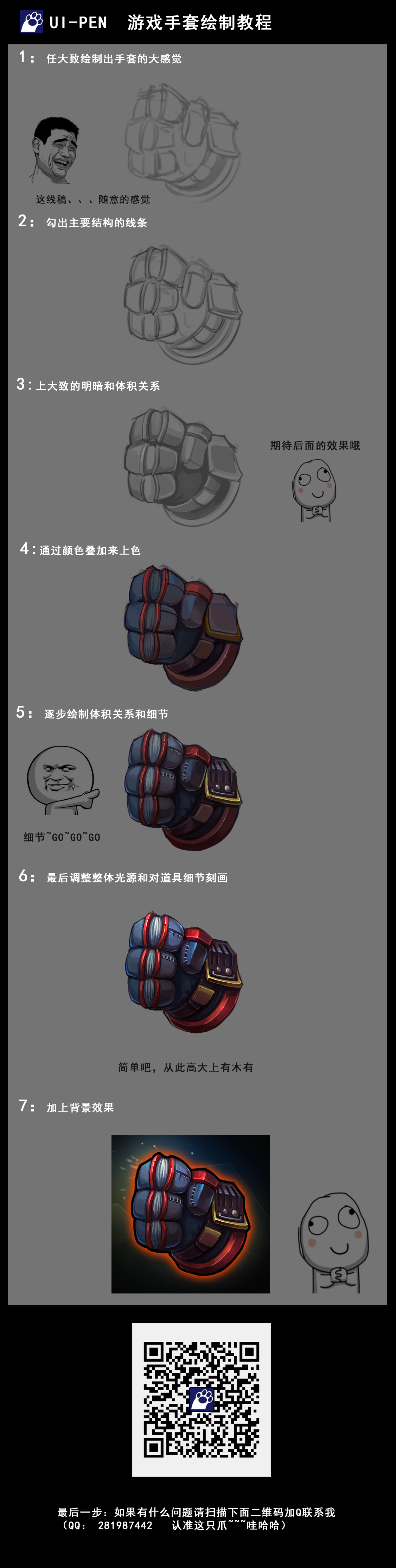 this is a tutorial on how to draw a red and blue game hand glove. the tutorial is broken down into seven steps and shows each step in detail with images. each step is labeled with a number and the image is labelled with a description of what the step is for. the final image shows the complete drawing of the game hand glove.  the tutorial is in chinese, but the images and the steps are easy to understand even if you don't know chinese.