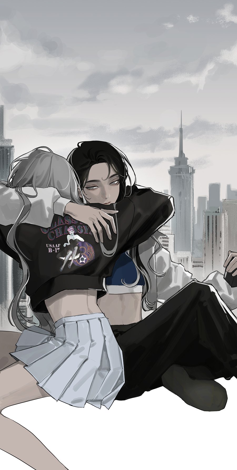 the image is a digital drawing of two anime girls embracing each other in a city setting. the girls are dressed in stylish clothing, one in a black jacket with a graphic design and a pleated skirt, and the other in a white jacket and black pants. the city behind them is depicted in monochrome, creating a contrast with the girls' clothing. the overall mood of the image is one of affection and friendship.