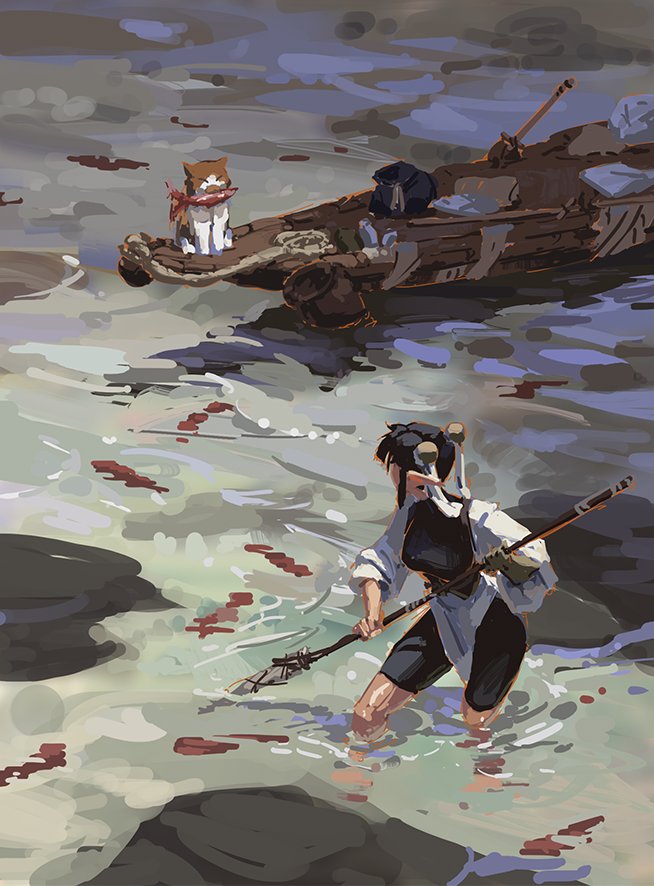the digital painting showcases a young female warrior, clad in loose, lightcolored clothing, wading through shallow, sunlit ocean water.  she holds a long fishing spear or similar weapon. in the background, a partially submerged, dilapidated wooden boat rests on the beach. a small, ginger cat with a red scarf sits atop the boat.  the style is painterly and loose, with visible brushstrokes contributing to a sense of movement and atmosphere. the overall mood is tranquil but hints at a journey or adventure.  the colors are muted and natural, with a focus on blues, greens, and browns. the scene evokes a sense of peace and solitude.