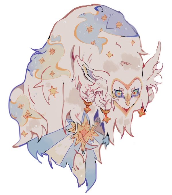 a stylized cartoon illustration of a fantastical, multiheaded owllike creature with white fur. the creature is adorned with celestial elements, including stars and crescent moons in shades of blue and yellow. it has large, distinct eyes, and is wearing earrings. the overall aesthetic suggests a fantasy theme.