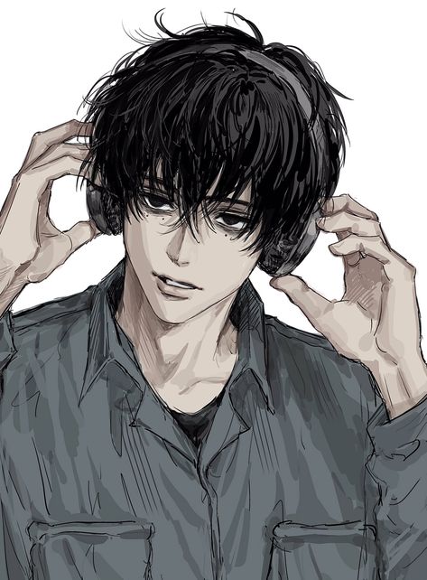 a head and shoulders drawing of a young man with black hair. he's wearing overtheear headphones and is adjusting them with both hands. he has a neutral, pleasant expression.  he is wearing a  gray buttondown shirt with pockets. the background is white.