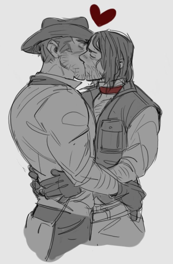 an artful drawing showing two men in an embrace, kissing under a red heart. the man on the left wears a hat, while the man on the right sports a vest and red neckwear. they are both in embrace.