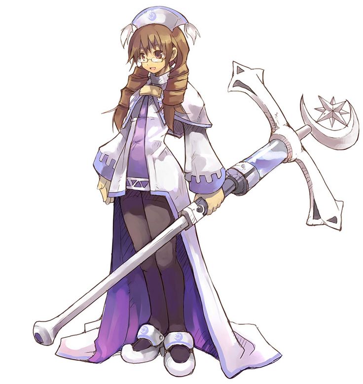 the image shows an animestyle illustration of a young girl character. she's depicted wearing a white robe with purple accents, glasses, and a hat. the girl is holding a large staff with a crescent moon and star design.  the artwork style is soft and whimsical. the character seems to be a cleric or magical type from a fantasy game.