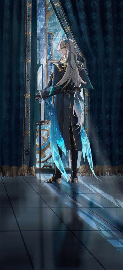 the image is a digital painting of an animestyle male character. he has long, flowing white hair and is wearing a dark blue and teal robe with ornate details.  he stands by a window with dark blue curtains, looking out at a rainy cityscape. the overall style is elegant and mysterious, possibly suggesting a character from a fantasy setting or video game like genshin impact (given the character's stylistic similarities to scaramouche). the lighting and color palette emphasize a somber or thoughtful mood.