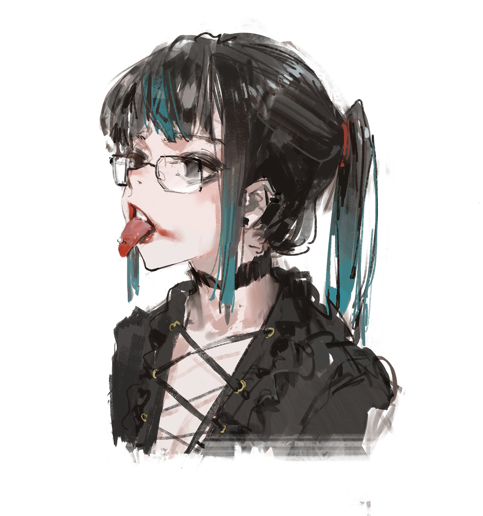 a digital art illustration of an anime girl with black hair and blue streaks. she is wearing glasses, a black choker, and dark clothing. she is sticking out her tongue in a playful and mischievous way. the illustration is done in a watercolor style with brushstrokes. the girl has a cool and edgy style.