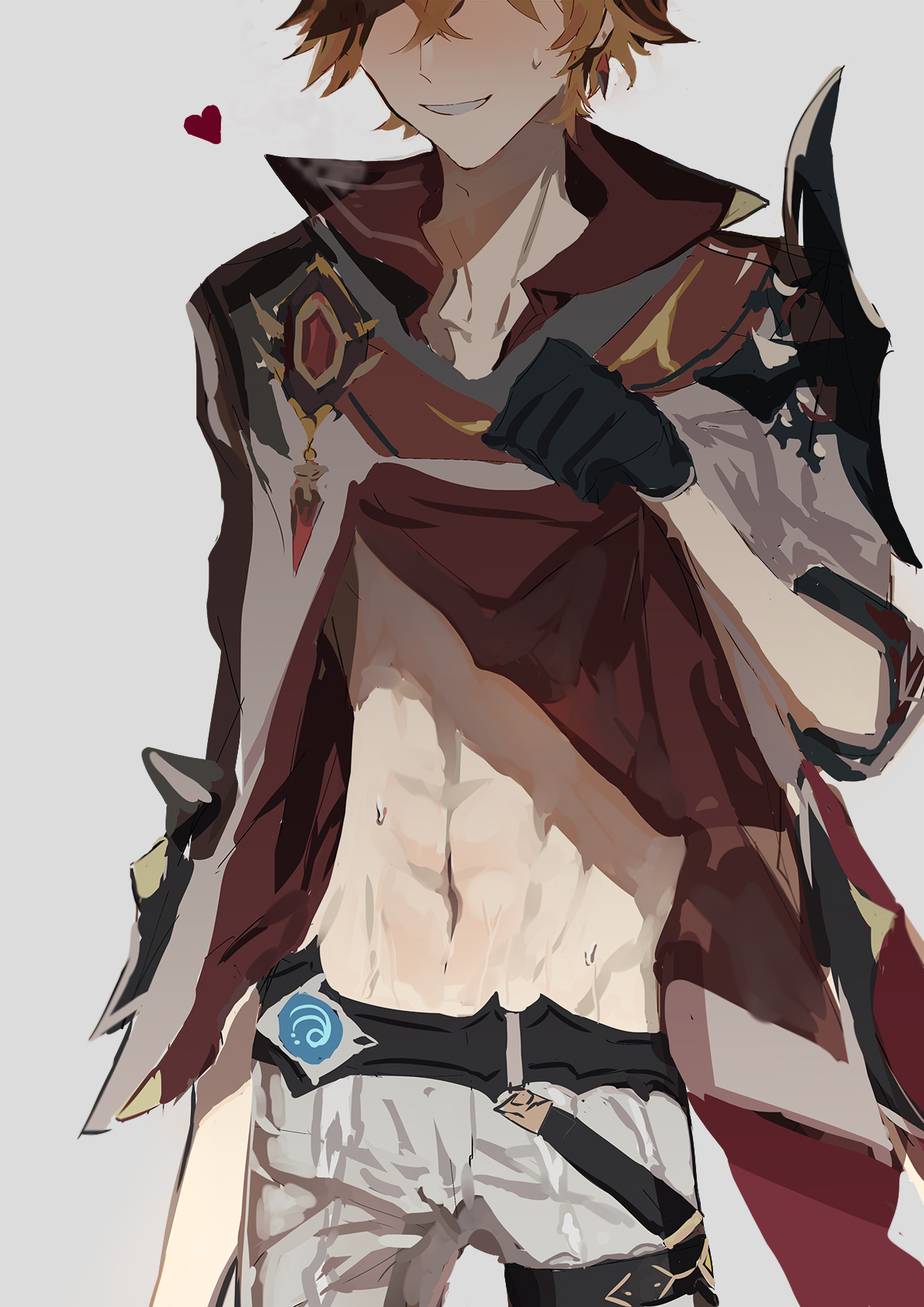 this is a digital illustration of a young, handsome anime character with blond hair and a confident smirk. he's wearing a partially open red jacket and white pants that showcase his muscular abs. the art style is simple and clean with a gray background. the character is standing in a relaxed pose, showing off his toned physique. the overall feeling of the image is