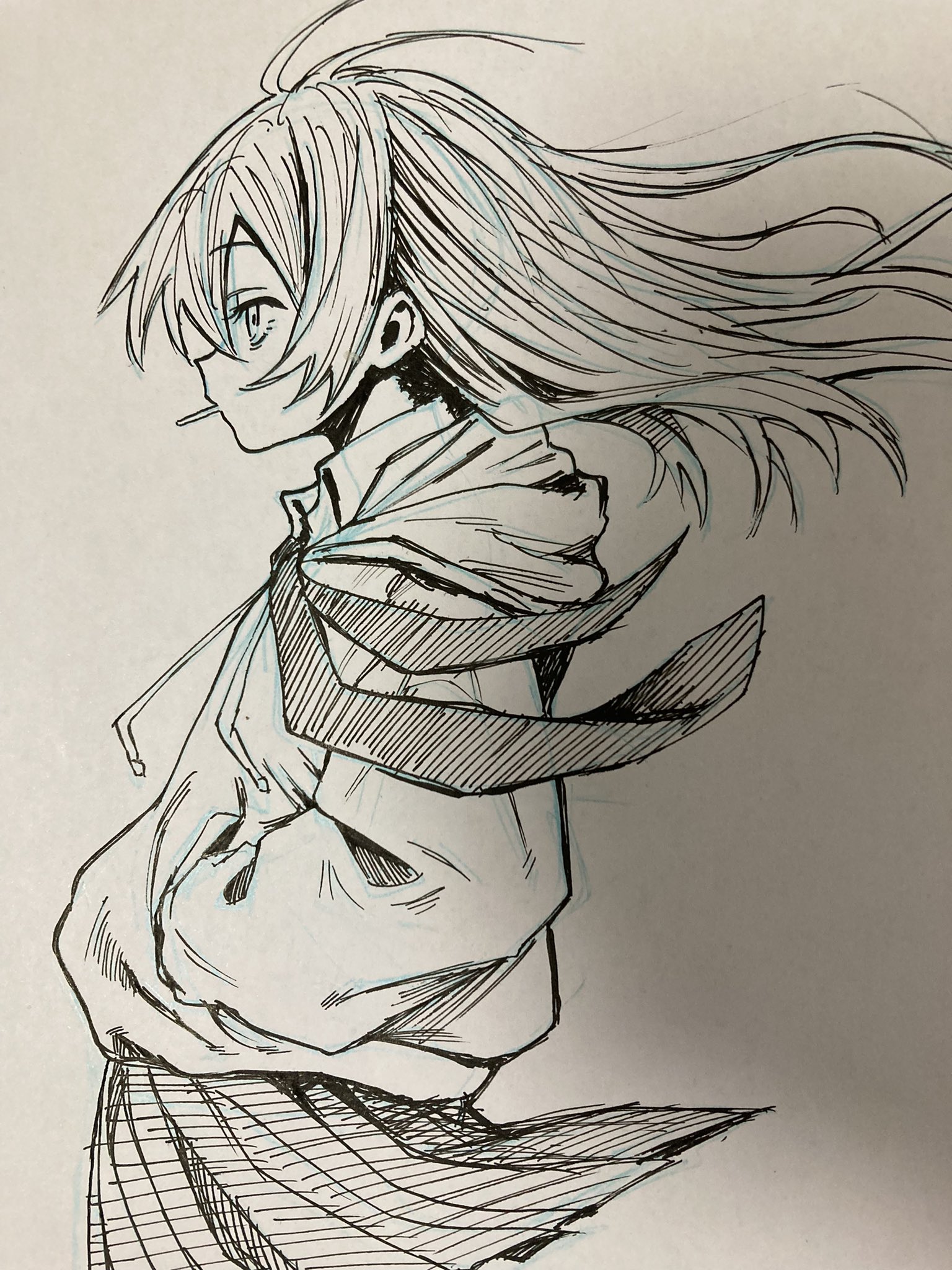 the image is a black and white sketch of an anime girl in a school uniform. she has long, flowing hair that is blowing in the wind. she is wearing a jacket with a large collar and a ribbon tied around her neck. her skirt is pleated and she has her hands in her pockets. the drawing is done in a manga style with detailed line work and shading.
