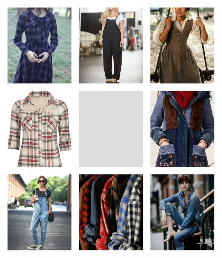 a collage of images featuring women in various styles of clothing. the first row features a woman in a plaid dress, a woman in denim overalls, and a woman in a brown dress. the second row shows a plaid shirt, a blank space, and a woman in a denim jacket with fur trim. the third row shows a woman in overalls, a variety of plaid shirts, and a woman sitting on a staircase in a denim jumpsuit. the images showcase different styles and trends in women's fashion.