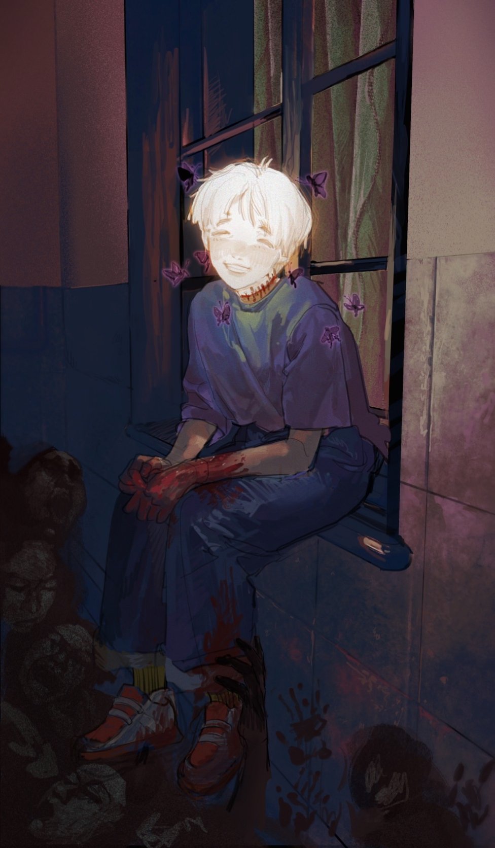 a young man with short white hair, wearing a lavender tshirt and blue jeans, sits on a window ledge. his expression is unsettlingly cheerful, despite his mouth being a gaping, bloody wound. his hands and clothes are stained with blood. the windowsill and the floor below are also splattered with blood.  the room appears to be a bathroom, with tiled walls. the lighting is dark, emphasizing the unsettling and disturbing nature of the scene. butterflies flutter around him, adding to the surreal and macabre atmosphere. handprints are visible on the wall.