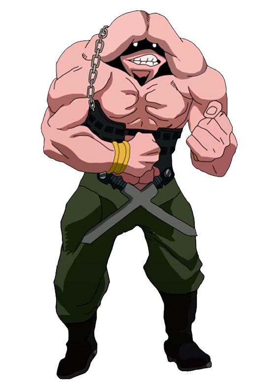 this image features a muscular villain from the anime my hero academia. he's in a fighting stance, with his arms crossed and a determined expression. he is wearing black pants, black boots, a green vest with a black strap on the front and a silver chain around his neck. the character's head is covered with an oversized, red helmet and his eyes are glowing red. the illustration is drawn in a mangastyle.