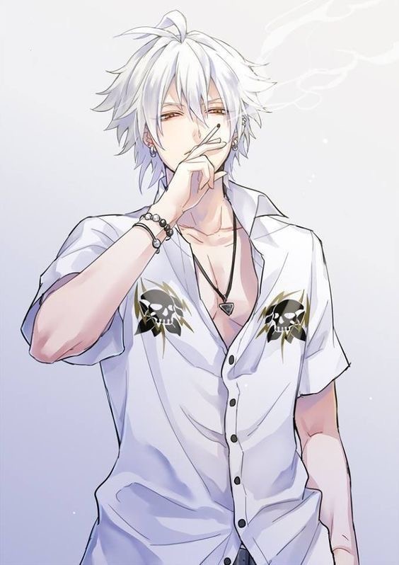 the image is a digital illustration of a young man with white hair. he is wearing a white buttonup shirt with a skull design on it. he is also wearing a necklace and bracelets. he is smoking a cigarette and looks cool and relaxed. the background is light purple.
