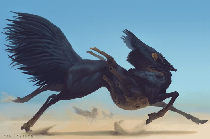 the image shows a fantasy creature resembling a hybrid of a horse and a bird running across a desert landscape. the creature has a horselike body with black feathers forming a tail and covering the head and neck. it is in motion, kicking up sand. in the background, other creatures can be seen running in the same direction under a clear blue sky. the signature "nin jackson" is visible in the bottom left corner.