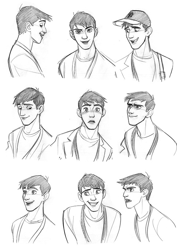 the image shows a drawing of a male cartoon character in various poses and facial expressions. he is drawn in a simple, cartoon style with a focus on his facial expressions.  the image appears to be a model sheet for an animated character.
