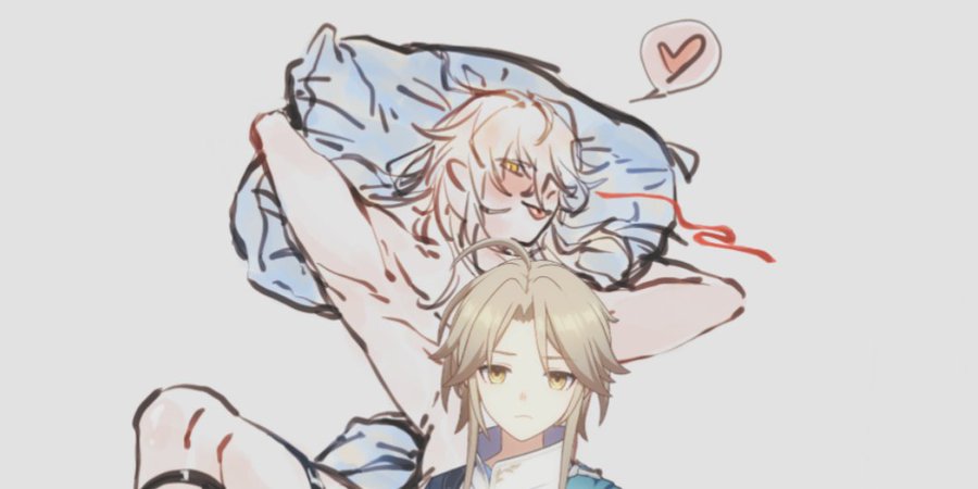 the image is a cute and sweet illustration of two anime characters. the male character is laying on top of a pillow with his head resting on the arm of the female character, who is sitting on the floor looking at him with a smile. the female character is wearing a blue and white outfit, while the male character is wearing a white shirt. they both have blond hair and are blushing. the male character has a heart above his head, symbolizing love and affection.