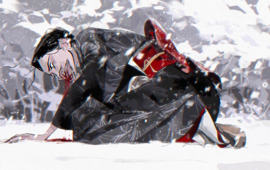 this image is a digital illustration depicting a woman in traditional japanese attire, with long black hair, lying in a snowy landscape. she is covered in blood, suggesting a severe injury or death. the scene is filled with a sense of tragedy and despair, with the harshness of the winter setting emphasizing the character's vulnerability. the artist's style is animeinspired, using bold lines, dramatic shading, and vibrant colors to evoke strong emotions.