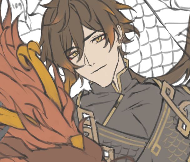 a close up portrait of a young anime character with brown hair and yellow eyes. he is smiling and looking at the viewer. he is wearing a black and gold armor with a red cape over it. the background is blurred and has some white and grey tones to it. the character appears to be a warrior or hero.